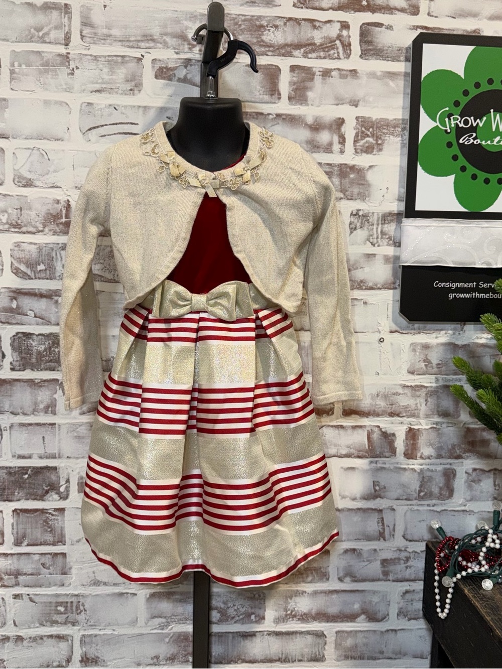 Bonnie Jean Red & Gold Striped Holiday Dress with Cream Bolero